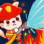 소방관 유니폼을 입은 귀여운 동물이 호스를 사용해 불을 끄는 모습