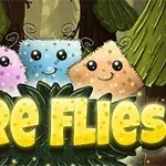 귀여운 털이 있는 세 생물체가 숲 속 배경에 있으며, 앞에는 FIRE FLIES라는 글씨가 있습니다