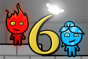 빨간 불꽃 모양의 캐릭터와 파란 물방울 모양의 캐릭터가 숫자 6 주변에 서 있고, 위에 나비가 있다