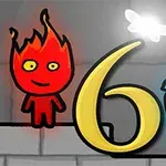 빨간 불꽃 모양의 캐릭터와 파란 물방울 모양의 캐릭터가 숫자 6 주변에 서 있고, 위에 나비가 있다