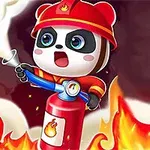 소방관 헬멧을 쓴 판다가 소화기를 사용하여 불을 끄는 모습