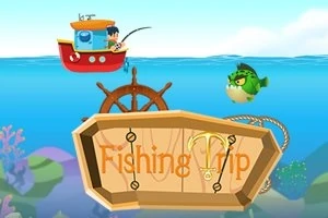 낚시하는 사람이 있는 빨간색 배와 물속의 녹색 물고기, 나무 간판에 Fishing Trip이라는 글자가 있는 장면