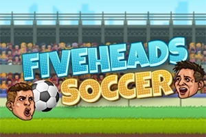 축구 경기장 배경에 큰 글자로 FIVEHEADS SOCCER가 쓰여 있고 두 개의 머리와 축구공이 있는 이미지입니다