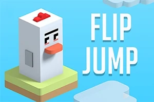 하늘색 배경에 닭 모양의 캐릭터가 초원 위에 서 있고, 오른쪽에 FLIP JUMP라는 텍스트가 있다