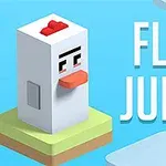 하늘색 배경에 닭 모양의 캐릭터가 초원 위에 서 있고, 오른쪽에 FLIP JUMP라는 텍스트가 있다