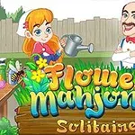 정원에서 물을 주는 여자아이와 팔짱을 낀 남자, Flower Mahjong Solitaire라는 글자가 있는 이미지