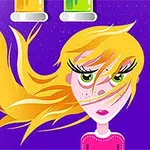 금발의 만화 소녀가 보라색 배경 앞에 서 있고 여러 개의 시험관이 있는 장면