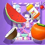 자두색 배경 위에 수박, 코코넛, 귤, 체리, 주스병과 다양한 작은 과일 조각들이 있는 이미지