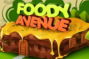 녹아내리는 치즈가 덮인 갈색 건물 위에 FOODY AVENUE라는 문구가 쓰여진 이미지