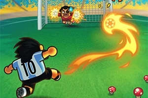 축구장에서 등번호 10번 선수의 불타는 슛을 골키퍼가 막으려 하는 장면