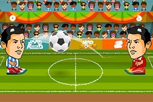 캐릭터 두 명이 축구장에서 공을 차는 모습