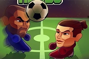 두 개의 만화 스타일 캐릭터가 축구공을 사이에 두고 대치하고 있는 모습