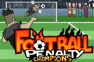 축구 경기에서 선수가 골키퍼를 향해 페널티 킥을 차는 장면과 Football Penalty Champions라는 글자가 있는 이미지