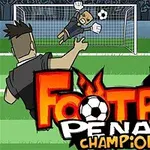 축구 경기에서 선수가 골키퍼를 향해 페널티 킥을 차는 장면과 Football Penalty Champions라는 글자가 있는 이미지