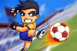 축구장에서 캐릭터가 강하게 축구공을 차고 있는 장면