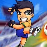 축구장에서 캐릭터가 강하게 축구공을 차고 있는 장면