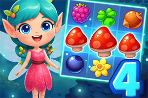 파란 머리의 요정 캐릭터 옆에 버섯, 라즈베리, 네잎클로버, 도토리, 블루베리, 꽃 아이콘이 있는 타일 보드와 큰 숫자 4가 보이는 화려한 일러스트