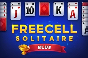 푸른 배경에 카드 게임과 금색 트로피가 있는 FREECELL SOLITAIRE와 BLUE라는 텍스트가 중앙에 표시되어 있습니다