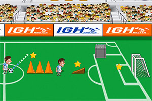 축구 경기장에서 콘과 별 장애물 주변에 축구 선수 캐릭터가 있는 모습