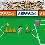 축구 경기장에서 콘과 별 장애물 주변에 축구 선수 캐릭터가 있는 모습