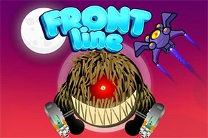 붉은 배경에 달과 외계 비행체가 떠 있는 하늘 아래 한쪽 눈의 거대 괴물과 FRONT line 텍스트가 있는 이미지