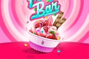 핑크색과 하얀색 줄무늬 배경에 과일과 초콜릿 스틱으로 장식된 핑크색 아이스크림 컵이 있으며, 그 위로 형형색색의 캔디가 흩어져 있다
