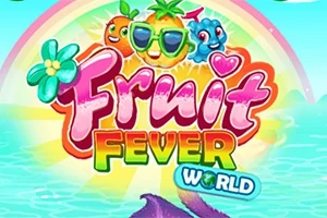 화려한 무지개 배경에 선글라스를 쓴 파인애플과 다양한 과일 캐릭터들이 함께 있는 Fruit Fever World 로고