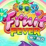 화려한 무지개 배경에 선글라스를 쓴 파인애플과 다양한 과일 캐릭터들이 함께 있는 Fruit Fever World 로고