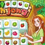 과일 그림이 그려진 마작 패와 이를 가리키는 여성이 있는 만화 스타일의 이미지