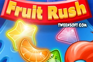 다양한 과일 조각과 Fruit Rush라는 텍스트가 있는 화려하고 선명한 그래픽 이미지