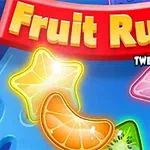 다양한 과일 조각과 Fruit Rush라는 텍스트가 있는 화려하고 선명한 그래픽 이미지