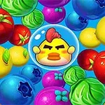 알록달록한 과일과 채소들 사이에 거품 속에 갇힌 노란색 병아리 얼굴