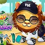 숲속에 FBI 모자를 쓰고 선글라스를 착용한 귀여운 사자가 있고, 주변에는 다양한 도구가 배치되어 있다