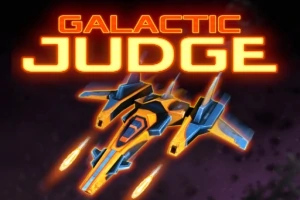 GALACTIC JUDGE라는 텍스트와 함께 미래형 우주선이 어두운 배경 위를 비행하는 이미지