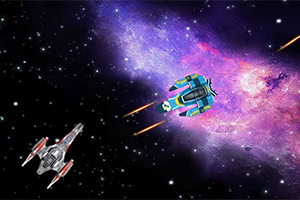 우주 공간에서 두 개의 우주선이 서로를 향해 비행하고 있으며, 배경에는 은하의 모습이 보인다