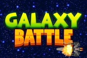 별이 빛나는 우주 배경 앞에 GALAXY BATTLE이라는 선명한 텍스트가 있으며 오른쪽 아래에는 폭발 효과가 있는 우주선이 있다