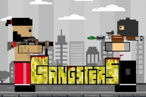 픽셀 아트 스타일의 두 캐릭터가 서로 총을 겨누며 대립하는 모습과 GANGSTERS라는 단어가 가운데에 배치된 이미지