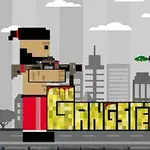 픽셀 아트 스타일의 두 캐릭터가 서로 총을 겨누며 대립하는 모습과 GANGSTERS라는 단어가 가운데에 배치된 이미지