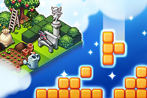 나무와 정원이 있는 작은 섬과 주황색 블록들이 하늘에 떠 있는 이미지