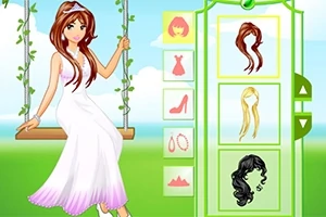 흰 드레스를 입은 여성이 그네에 앉아 있으며, 오른쪽에는 다양한 헤어스타일과 액세서리를 선택할 수 있는 메뉴가 있는 이미지