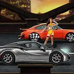 도시 야경을 배경으로 두 대의 스포츠카와 중앙에 위치한 체커드 깃발 무늬의 옷을 입은 여성이 있는 장면