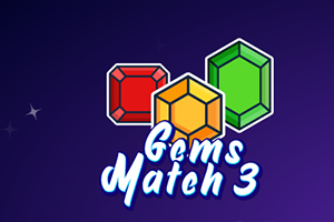 보라색 배경에 빨간색, 노란색, 초록색 보석 세 개와 Gems Match 3라는 글자가 있는 이미지