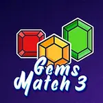 보라색 배경에 빨간색, 노란색, 초록색 보석 세 개와 Gems Match 3라는 글자가 있는 이미지