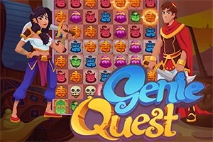 캐릭터 두 명이 배경으로 매칭 퍼즐 보드와 Genie Quest라는 텍스트가 있는 그림