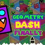 보라색 괴물 얼굴이 다채로운 배경과 함께 있으며 GEOMETRY DASH FINALLY라는 문구가 있는 이미지