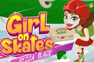 롤러스케이트를 타며 피자 상자를 들고 있는 소녀와 Girl on Skates라는 문구