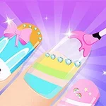 파란색 배경 앞에 리본, 토끼, 보석 등으로 화려하게 꾸민 손톱을 핑크색 매니큐어로 칠하는 손