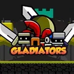 검투사 테마의 두 캐릭터가 투구와 검을 가지고 중앙에 GLADIATORS라는 글자가 있는 모습