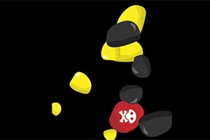 검정색 배경에 노란색과 검정색 돌들이 흩어져 있으며, 빨간색 돌에는 흰색으로 X8이 적혀 있습니다