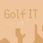 베이지색 배경에 Golf IT라는 글자와 함께 점선 궤적을 따라가는 공, 홀 깃발이 있는 이미지